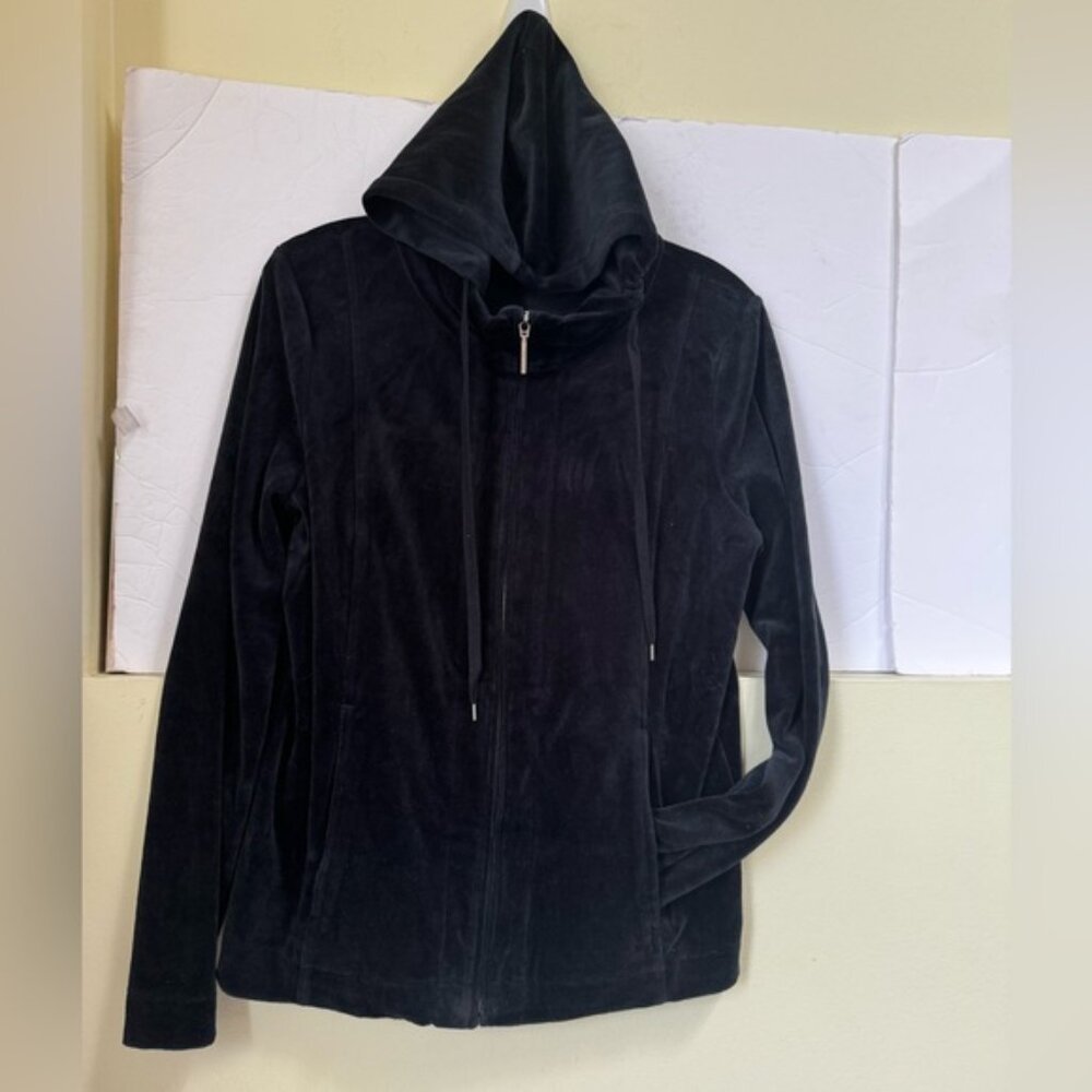 Jones NY Vintage Velour Hoodie Cotton Full Zip Up Hooded Pockets Black Jacket M - Picture 8 of 11